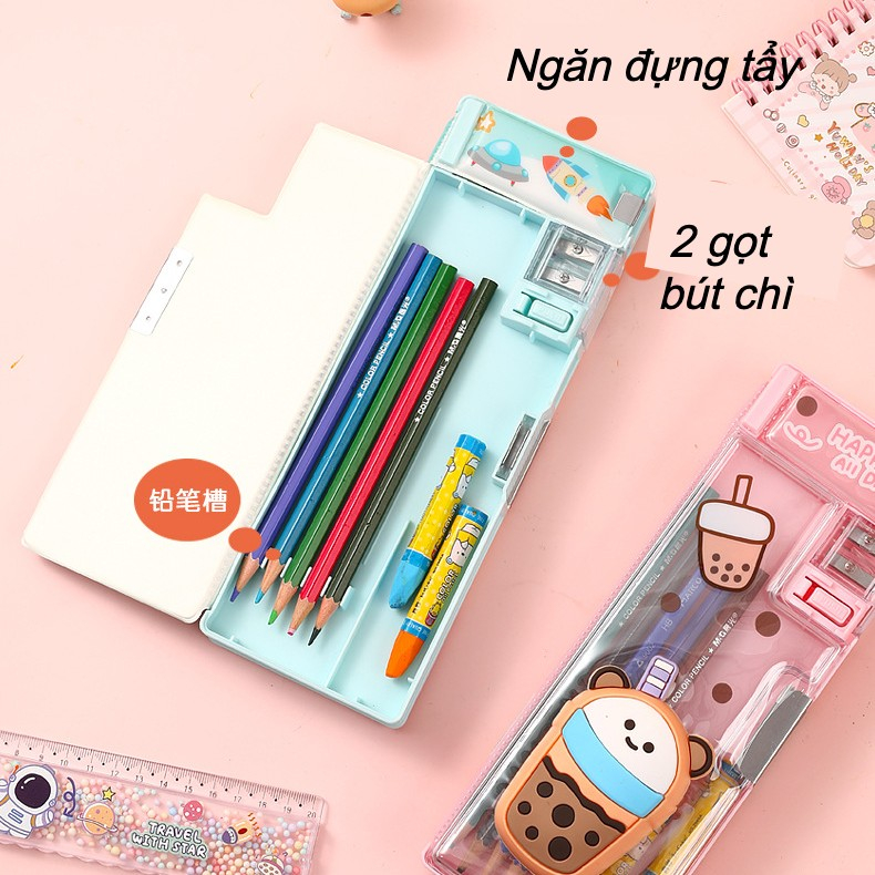 Hộp bút cao cấp TÍCH HỢP GỌT BÚT CHÌ, KHAY ĐỰNG TẨY hoạ tiết Phi hành gia, ngựa Pony, trà sữa