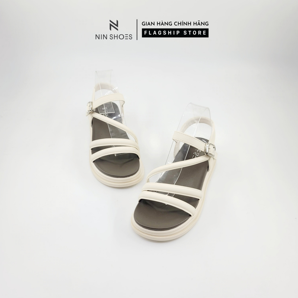 Dép đế bằng 4 cm Ninshoes mũi tròn dây đan chéo quai ngang khoá cài hông