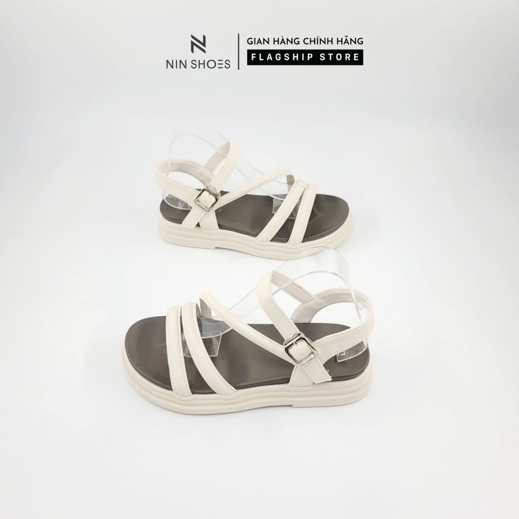 Dép đế bằng 4 cm Ninshoes mũi tròn dây đan chéo quai ngang khoá cài hông