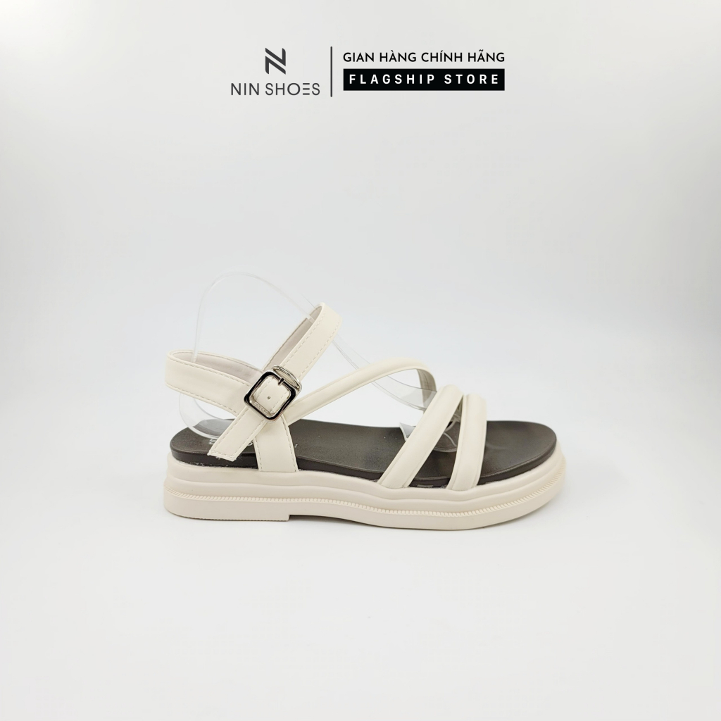 Dép đế bằng 4 cm Ninshoes mũi tròn dây đan chéo quai ngang khoá cài hông