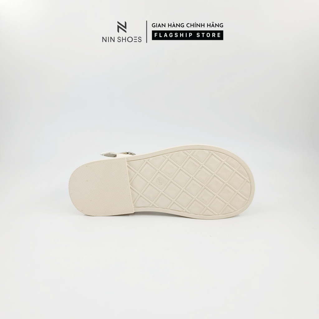 Dép đế bằng 4 cm Ninshoes mũi tròn dây đan chéo quai ngang khoá cài hông