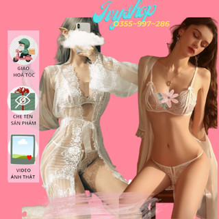 Áo Choàng Ngủ Kèm Set Bikini Cao Cấp, Set Đồ Ngủ Sexy Xuyên Thấu Gồm Áo Choàng + ĐỒ Lót Mã ACBI001, ACR905 Màu đen,trắng