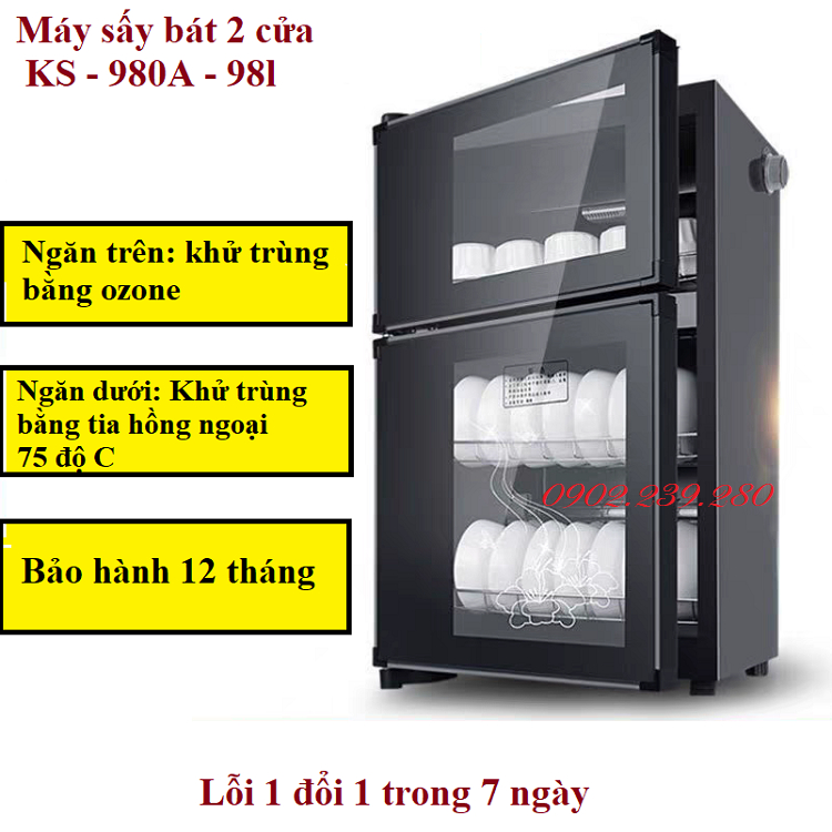 Máy sấy bát đĩa 2 tầng KS - 980A - 98 lít, khử khuẩn bằng tia hồng ngoại và ozone, Tủ sấy bát gia đình - BH 12 tháng