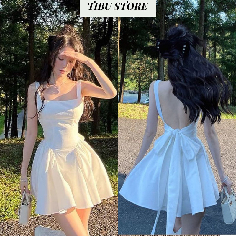 Đầm Tiểu Thư Dáng Xoè Hở Lưng Thắt Nơ TIBU Váy Hai Dây Công Chúa Đáng Yêu Xinh Xắn Phong Cách Hàn Quốc