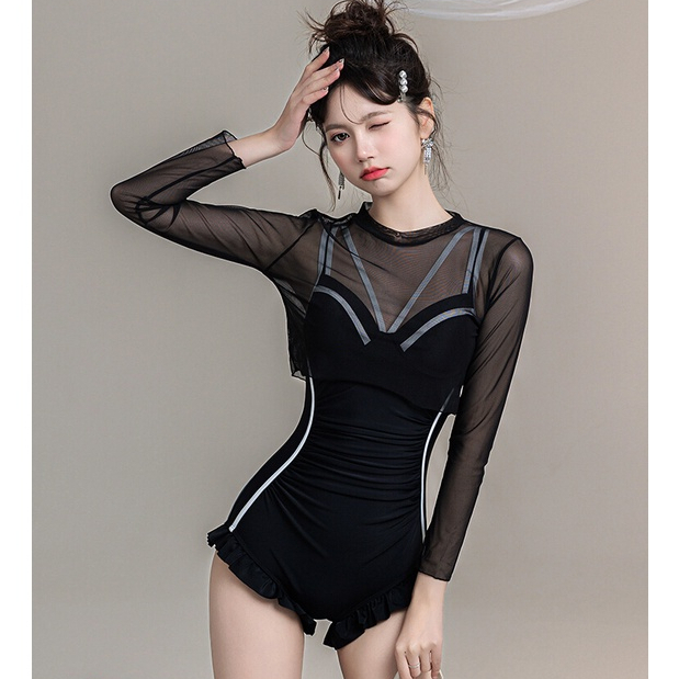Bikini 1 Mảnh Kín Đáo 2 Chi Tiết Kèm Áo Lưới Tay Dài Chống NắngViền Đen Trắng tiểu thư Sang Chảnh 0876 D3T1