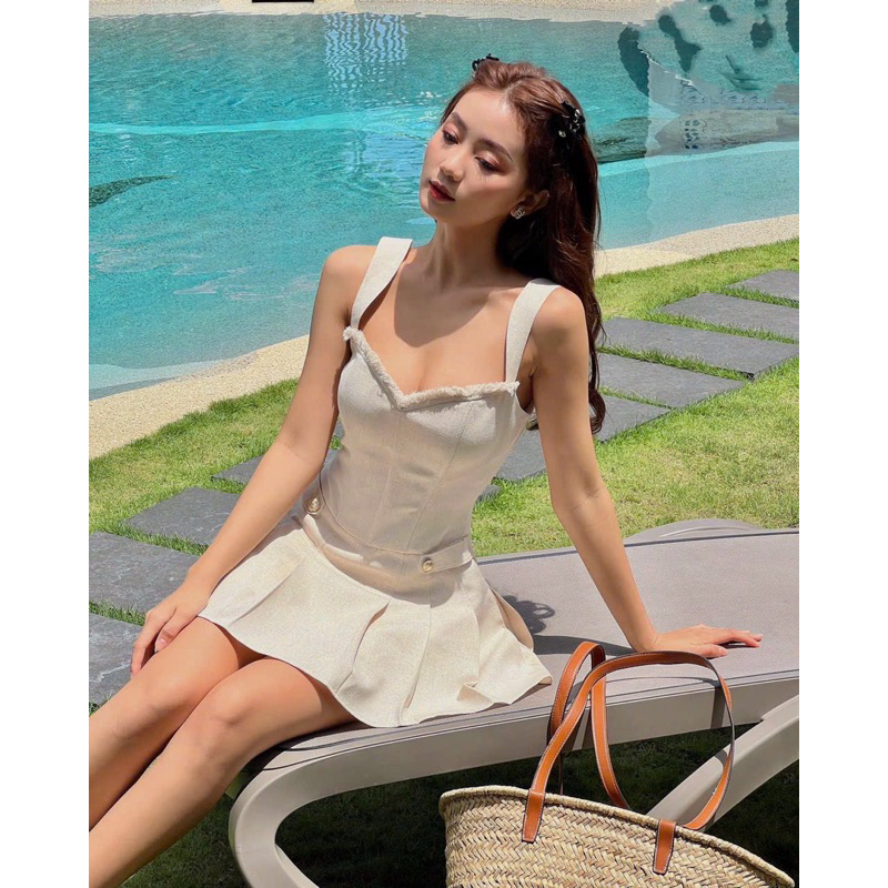 Đầm 2 dây bản to chất linen dày kèm ảnh thật
