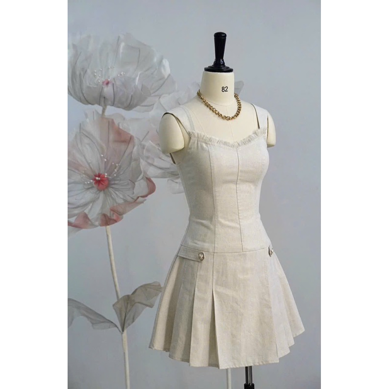 Đầm 2 dây bản to chất linen dày kèm ảnh thật