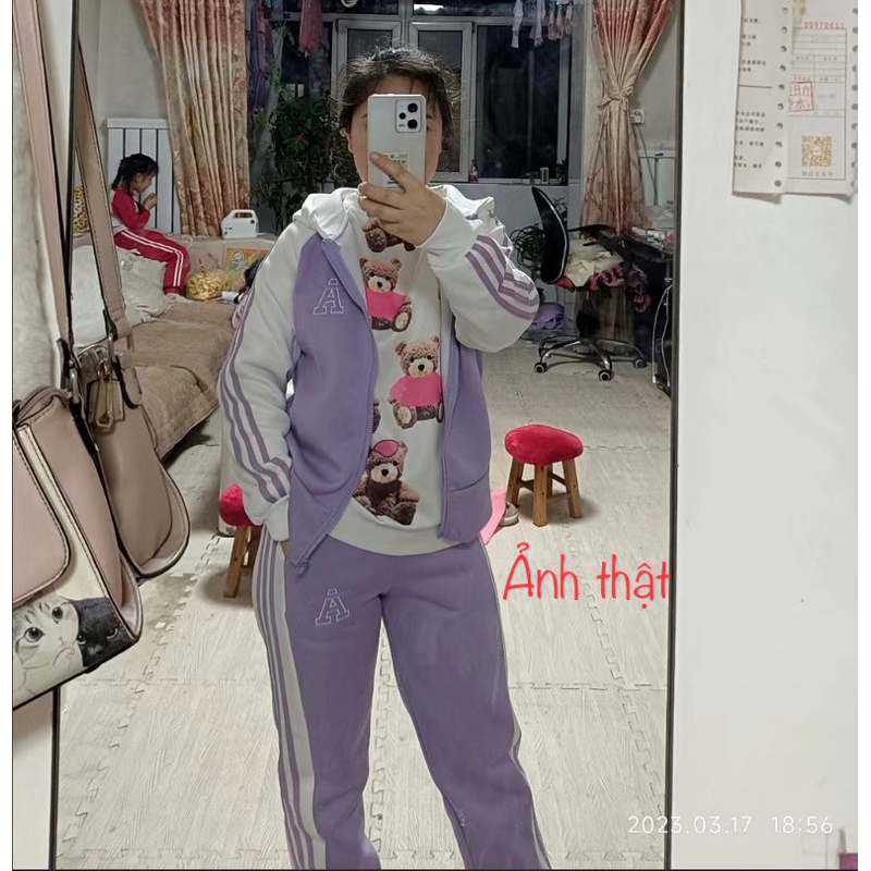 Set bộ thể thao Thu Đông chất nhung dày có mũ