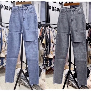 [Bigsize 32-36] Quần Jean Nữ Skinny Rách Đùi, Xanh Nhạt/Xám Lưng Cao Qua Rốn, Dài 98cm Độ Co Giãn 10cm