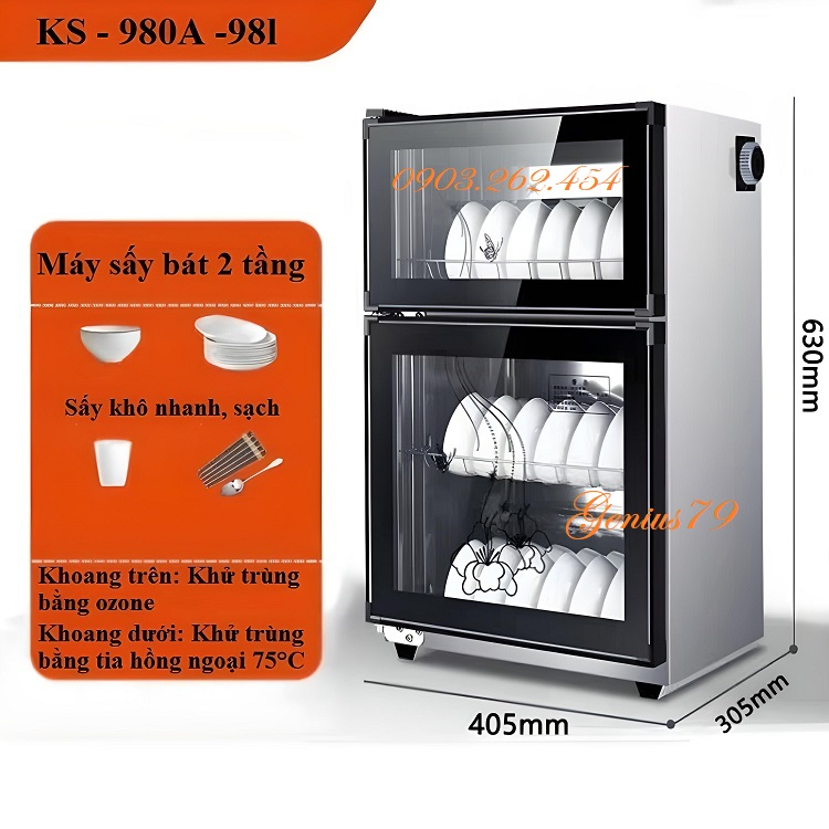 Tủ sấy bát đĩa 2 tầng KS - 980A - 98 lít, khử khuẩn bằng tia hồng ngoại và ozone, Máy sấy bát gia đình - BH 12 tháng