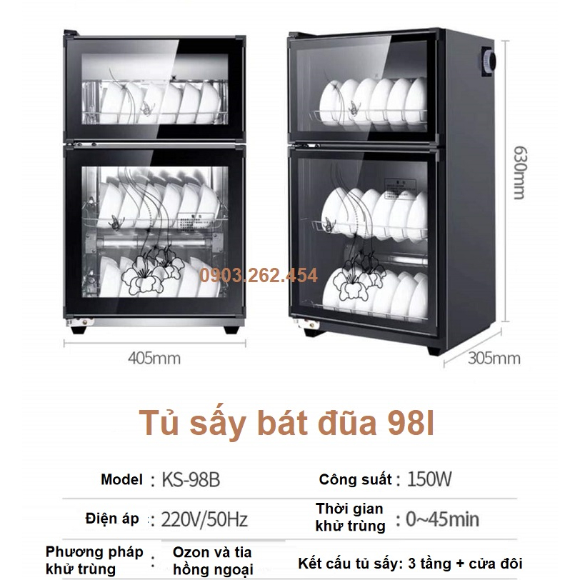 Tủ sấy bát đĩa 2 tầng KS - 980A - 98 lít, khử khuẩn bằng tia hồng ngoại và ozone, Máy sấy bát gia đình - BH 12 tháng