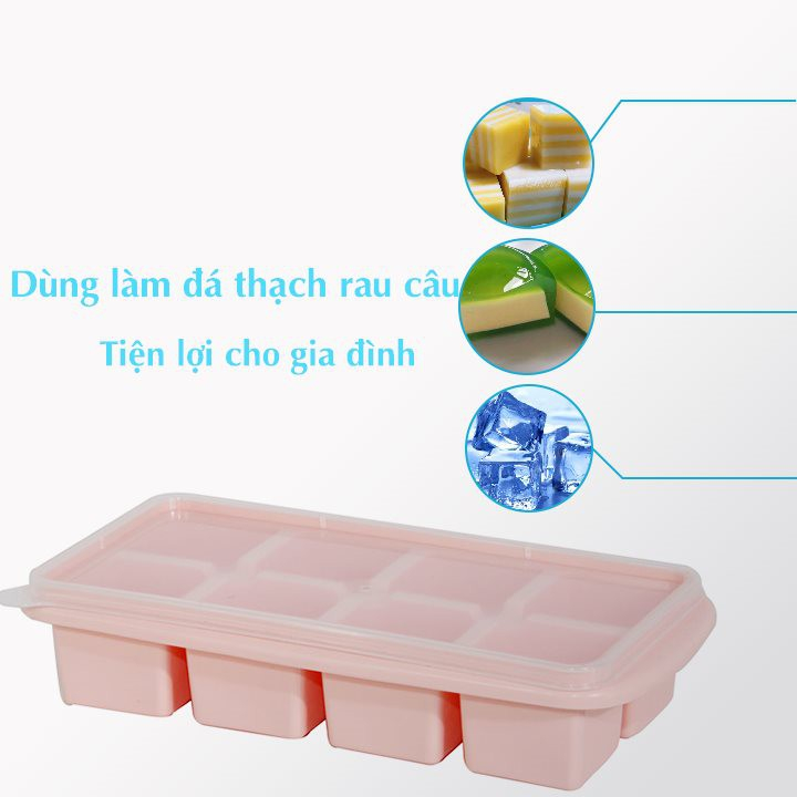Khay đá 8 viên có nắp  Việt Nhật nhựa dẻo, vỉ đá, khay trữ đồ ăn dặm cho bé, khuôn làm thạch bền đẹp