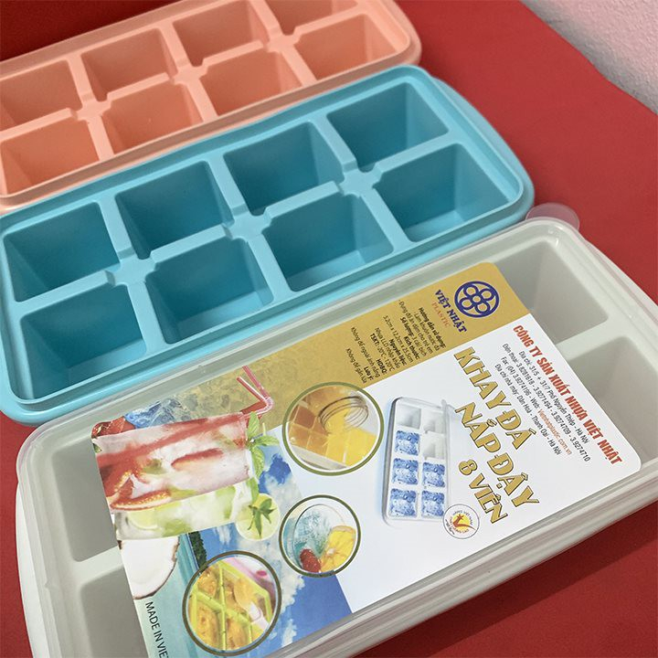 Khay đá 8 viên có nắp  Việt Nhật nhựa dẻo, vỉ đá, khay trữ đồ ăn dặm cho bé, khuôn làm thạch bền đẹp