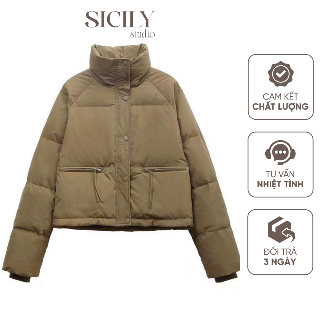 Áo khoác phao nữ dáng ngắn màu trơn, cổ đứng khóa kéo dày dặn, thiết kế túi ngang thời trang 3 màu Sicily Studio | BigBuy360 - bigbuy360.vn