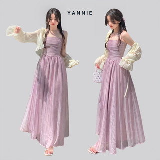 Váy đầm maxi hai dây tím dáng dài ôm eo chun lưng đi biển du mùa hè tiểu thư công chúa kiểu Pháp retro Yannie