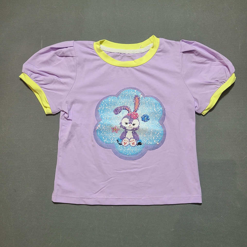 Áo thun cotton kim sa lật vuốt đổi gấu dâu, thỏ tím elsa dễ thương cho bé gái
