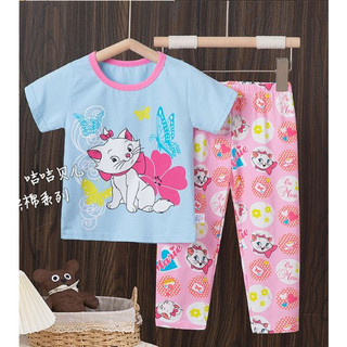 Bộ thun cotton áo tay ngắn quần dài chống muỗi họa tiết bé gái dể thương