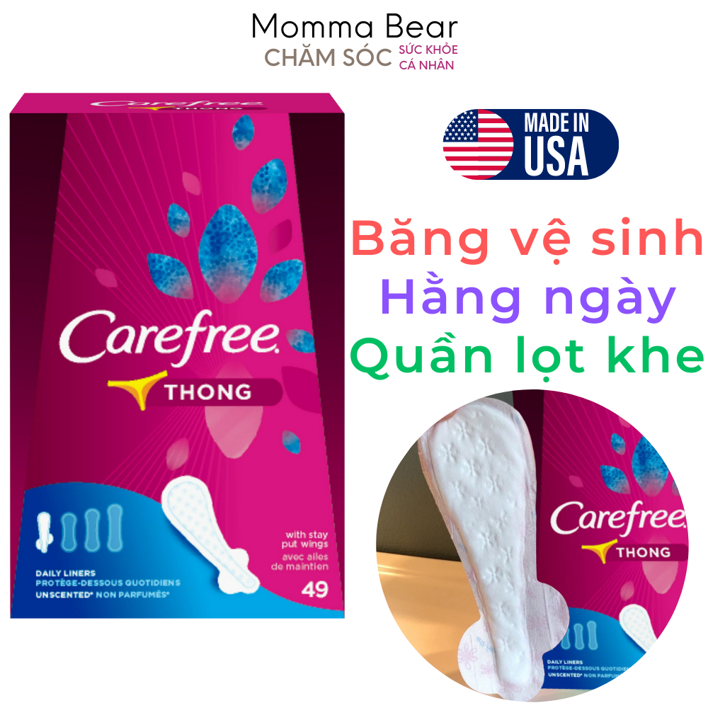 Băng vệ sinh hằng ngày Carefree Thong, chuyên dùng cho quần lọt khe, có cánh, thấm hút tốt, hàng Mỹ - Momma Bear