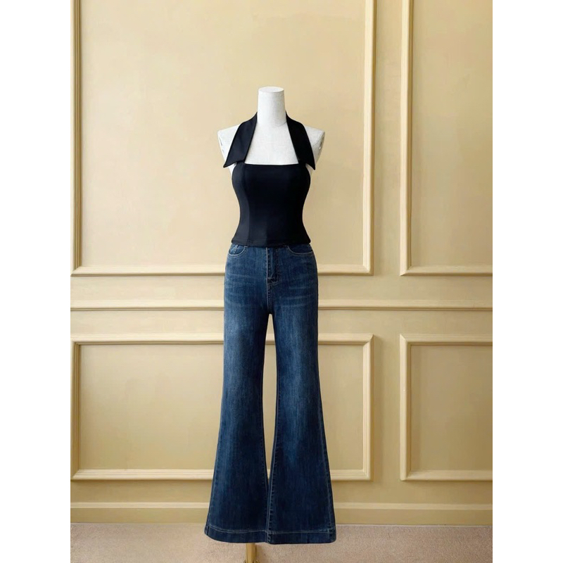 Áo Yếm Jean Denim Cổ Sơ Mi Siêu Sang Hàng Cao Cấp