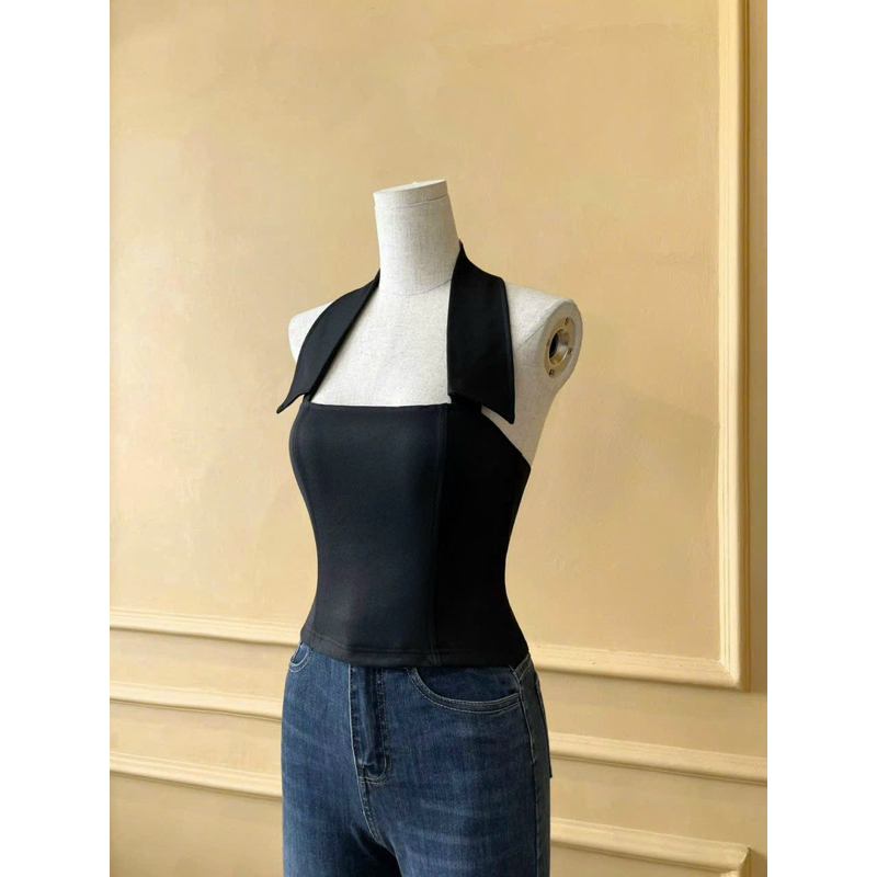 Áo Yếm Jean Denim Cổ Sơ Mi Siêu Sang Hàng Cao Cấp