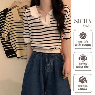 Áo Thun Polo Nữ Len Dệt Kim, Áo Mongtoghi Nữ Có Cổ Form Ngắn Sọc Ngang Phong Cách Retro Hàn Quốc Sicily Studio