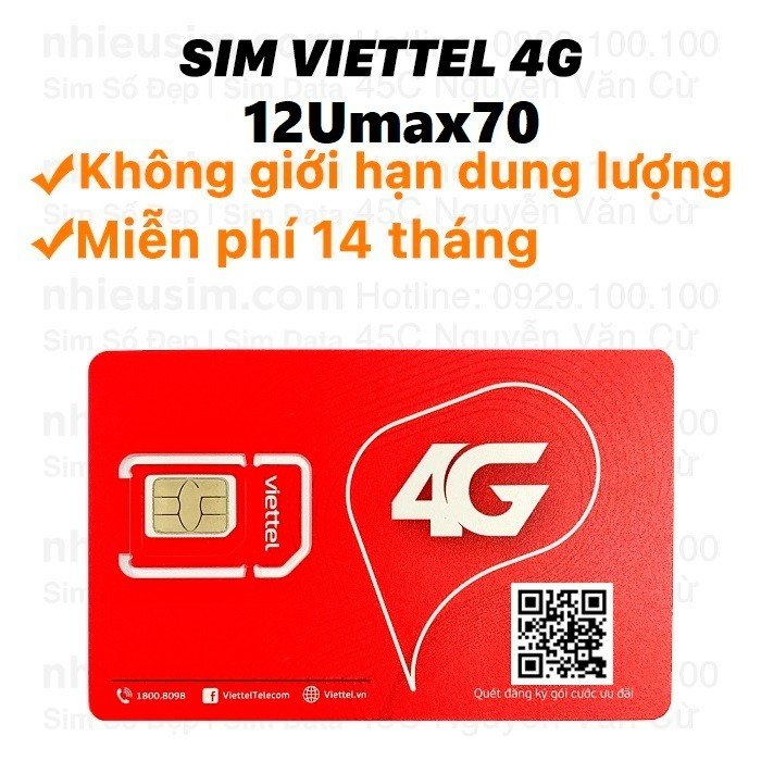 SIM VIETTEL 12UMAX70 12V90B 12MXH100 TRỌN GÓI 1 NĂM KHÔNG NẠP TIỀN - 12UMAX70 SIM 4G VIETTEL DATA DUNG LƯỢNG LỚN