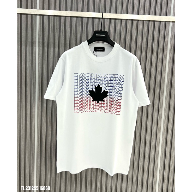 Áo phông Unisex cổ tròn In Chữ DSQ2 Nháy Xanh Đỏ Hình Lá Phong Đen Trắng