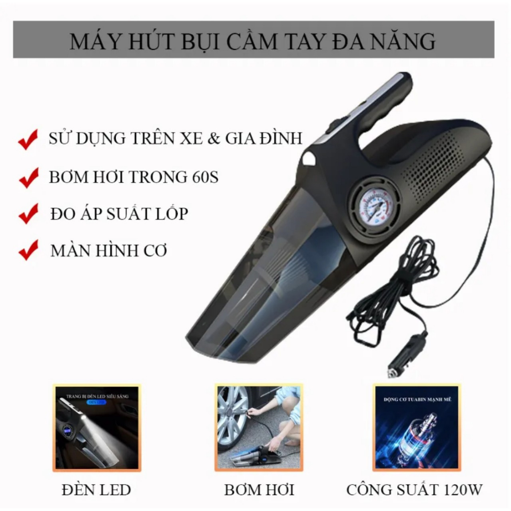 Máy Hút Bụi Ô Tô - Máy Bơm Lốp Ô Tô Đa Năng 4 Trong 1