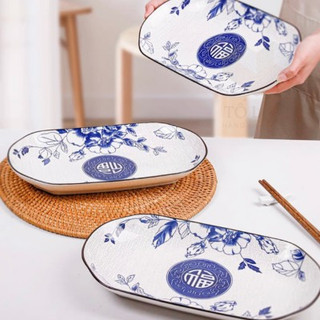 Đĩa gốm sứ hột xoài họa tiết hoa xanh cổ chữ Phúc,Đĩa gốm sứ kèm muỗng đũa cao cấp