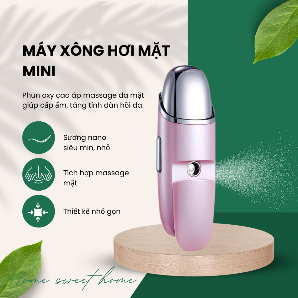Máy phun sương cấp ẩm mini, máy xông hơi da mặt cầm tay, máy xịt khoáng kết hợp mát xa mặt nhỏ gọn tiện lợi
