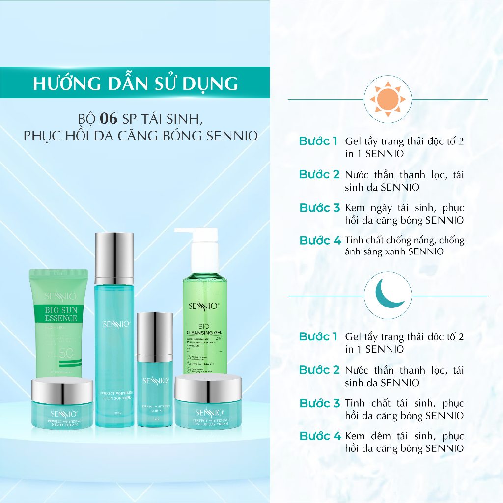 Bộ 6 sản phẩm kem dưỡng da Sennio Perfect Whitening Set 6 Combo tái sinh phục hồi da căng bóng