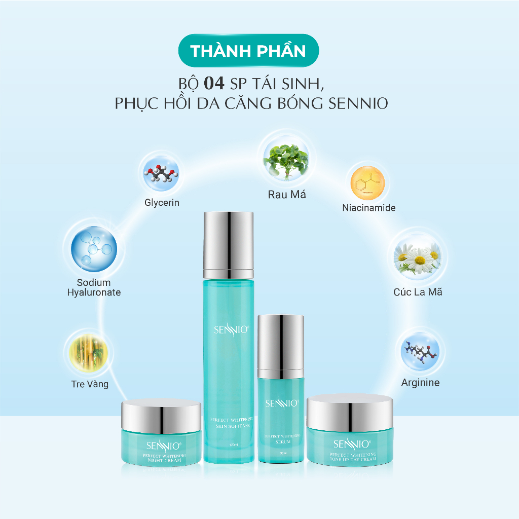 Bộ 4 sản phẩm kem dưỡng da Sennio Perfect Whitening Set 4 Combo tái sinh phục hồi da căng bóng SNO 832