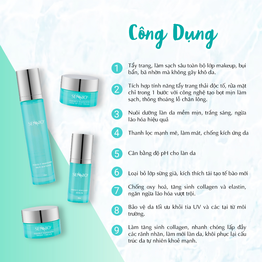 Bộ 4 sản phẩm kem dưỡng da Sennio Perfect Whitening Set 4 Combo tái sinh phục hồi da căng bóng SNO 832