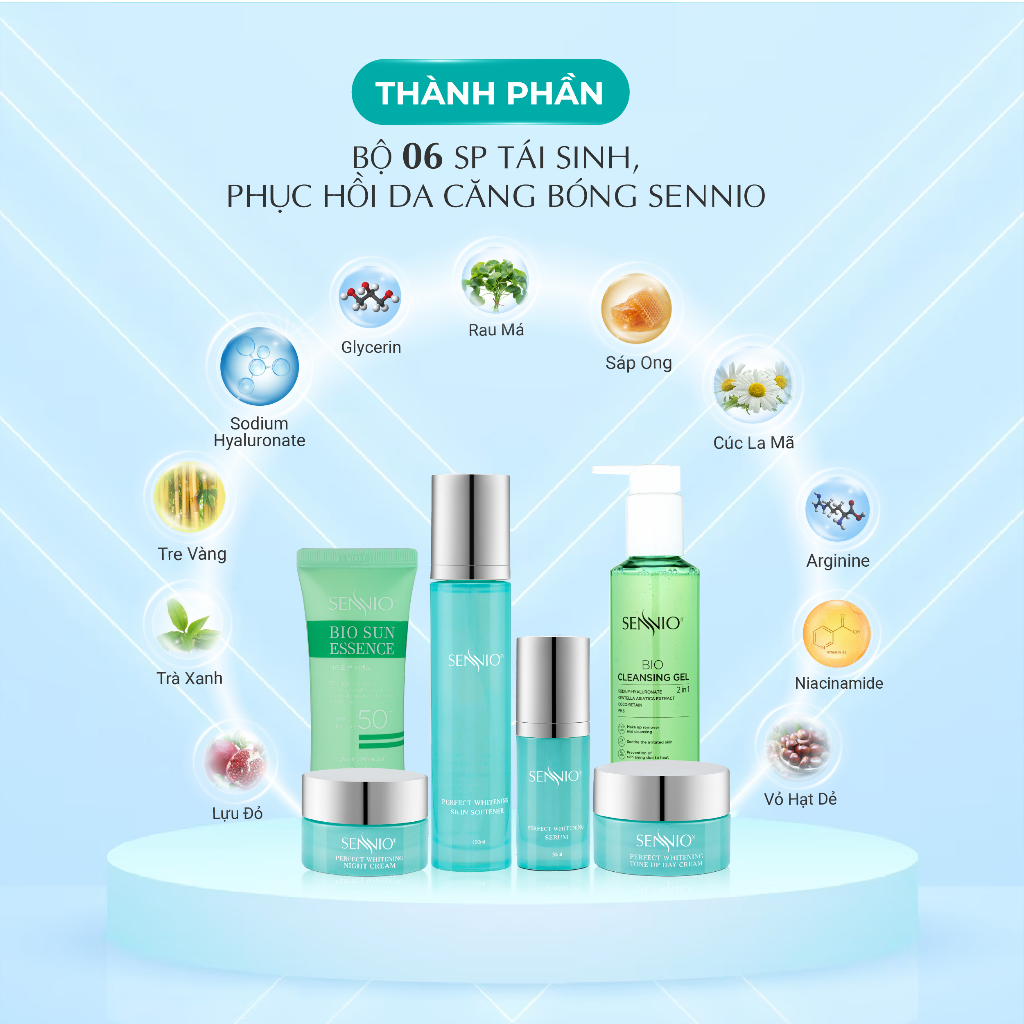 Bộ 6 sản phẩm kem dưỡng da Sennio Perfect Whitening Set 6 Combo tái sinh phục hồi da căng bóng