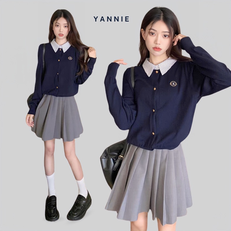 Set áo len liền sơ mi xanh navy + chân váy xếp ly ngắn xám basic đồng phục kỷ yếu phong cách Hàn Quốc Yannie