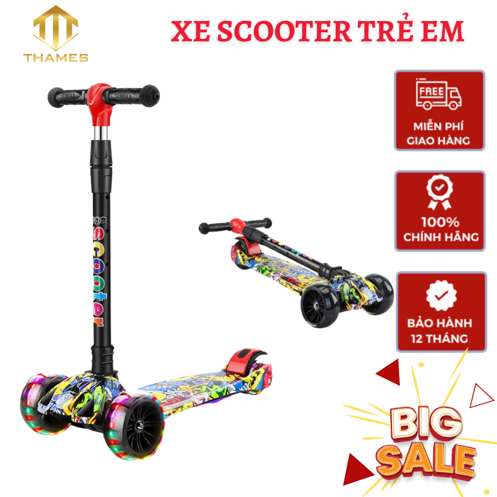 Xe Trượt Scooter Cho Bé, Bánh PU Phát Sáng – Khung Xe Chắc Chắn, Trọng Lượng 3,1kg, Phù Hợp Cho Bé Từ 2 đến 15 Tuổi