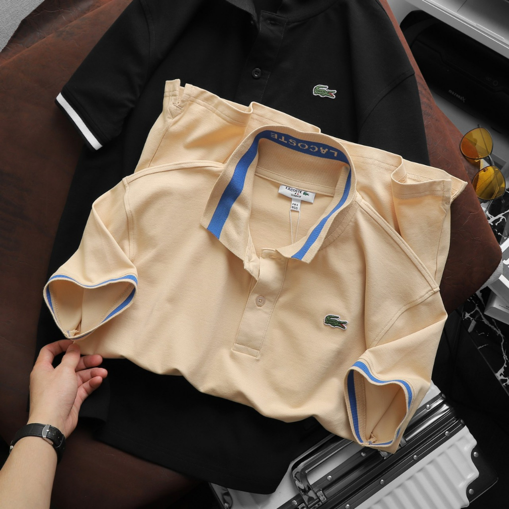 Áo Polo La-cos-t-e chất cá sấu ngoại nhập cotton 100% 4 chiều logo dải lụa cổ áo