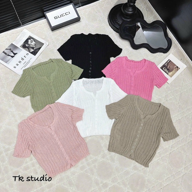 Áo len xốp đũa cộc tay khuy cài dáng croptop hàng quảng châu A202