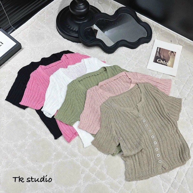 Áo len xốp đũa cộc tay khuy cài dáng croptop hàng quảng châu A202