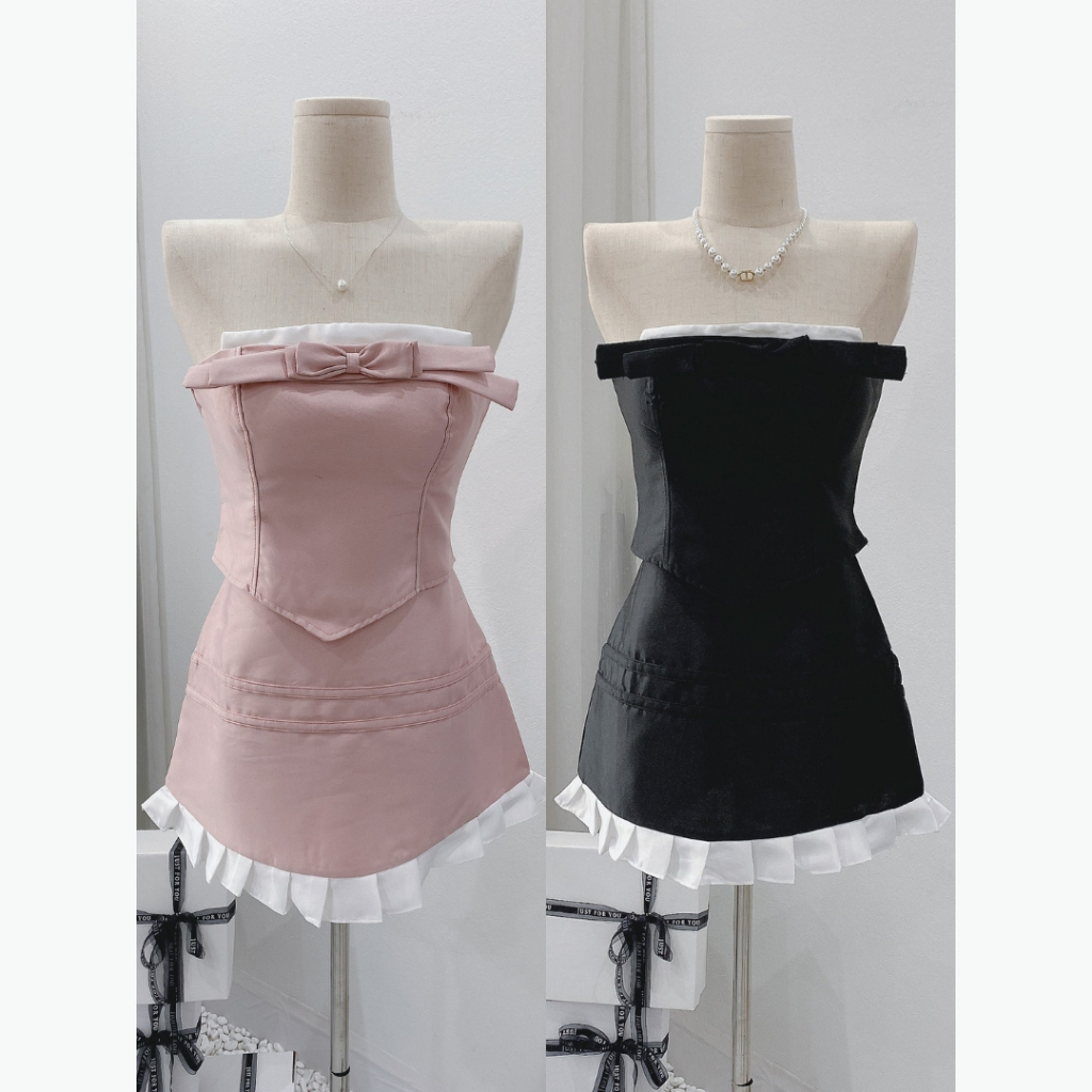 Set tafta kèm chân váy ngắn Caliesweet set áo cup ngực kèm chân váy chữ A chất tafta phong cách thiết kế CMS0040S