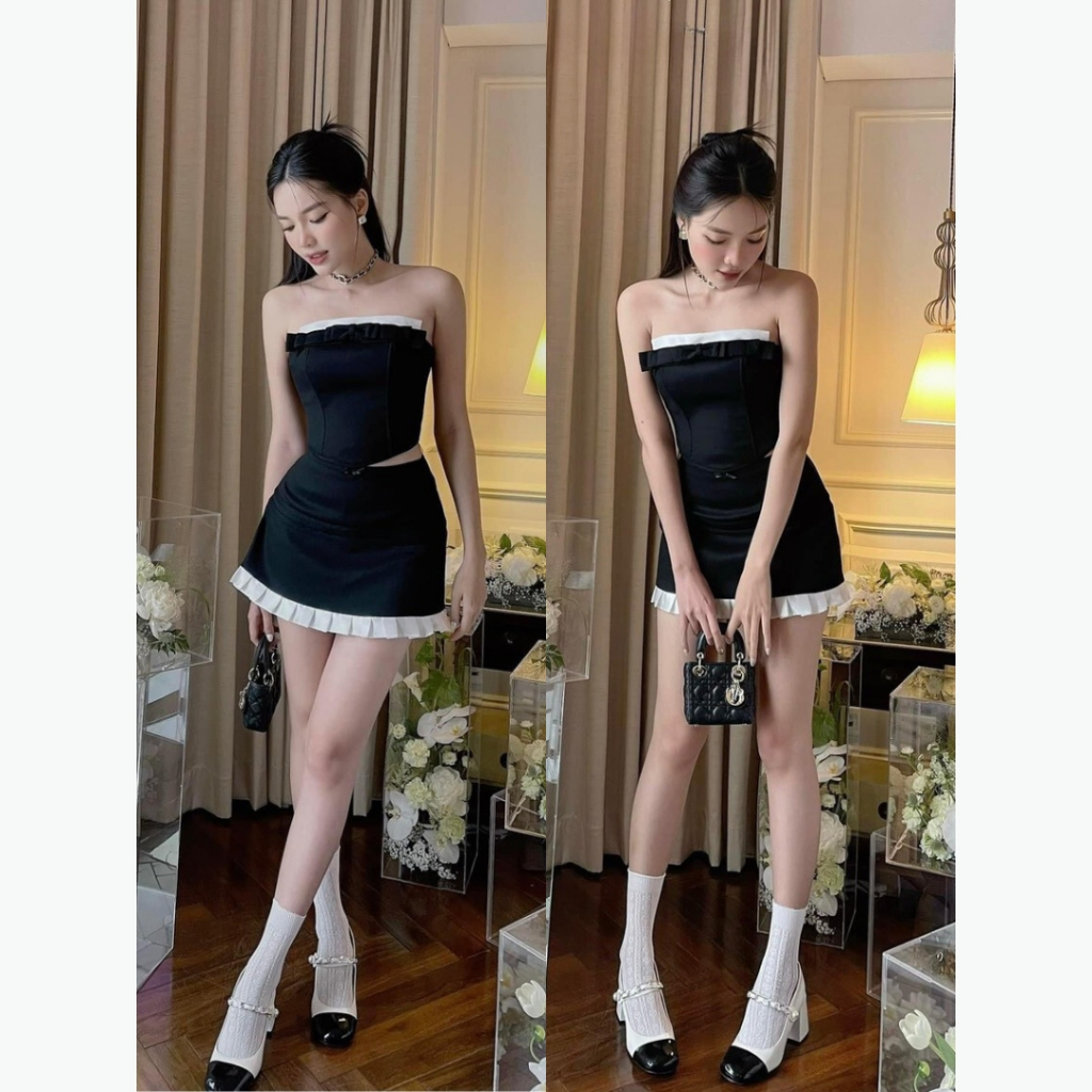 Set tafta kèm chân váy ngắn Caliesweet set áo cup ngực kèm chân váy chữ A chất tafta phong cách thiết kế CMS0040S