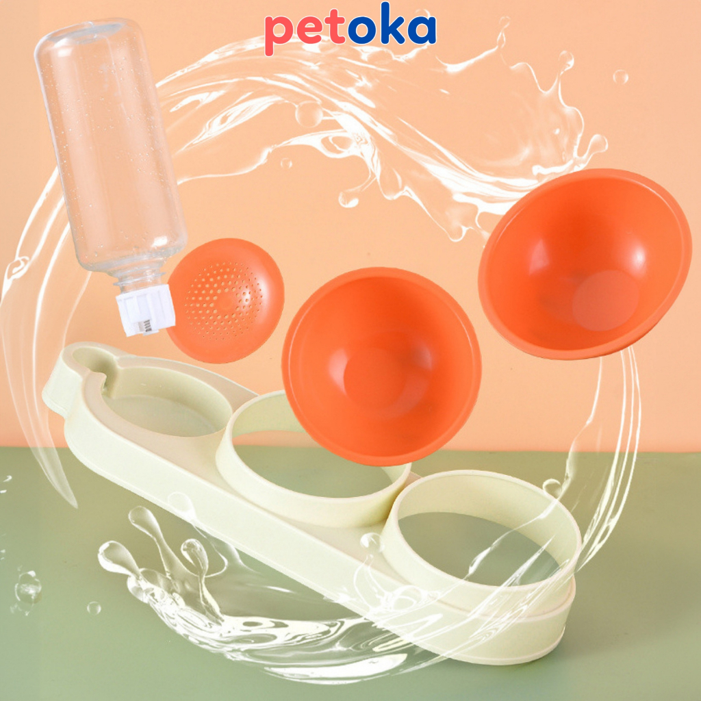 Bát ăn cho chó mèo thú cưng hai ba ngăn có khay bình nước tự động 500ml Petoka