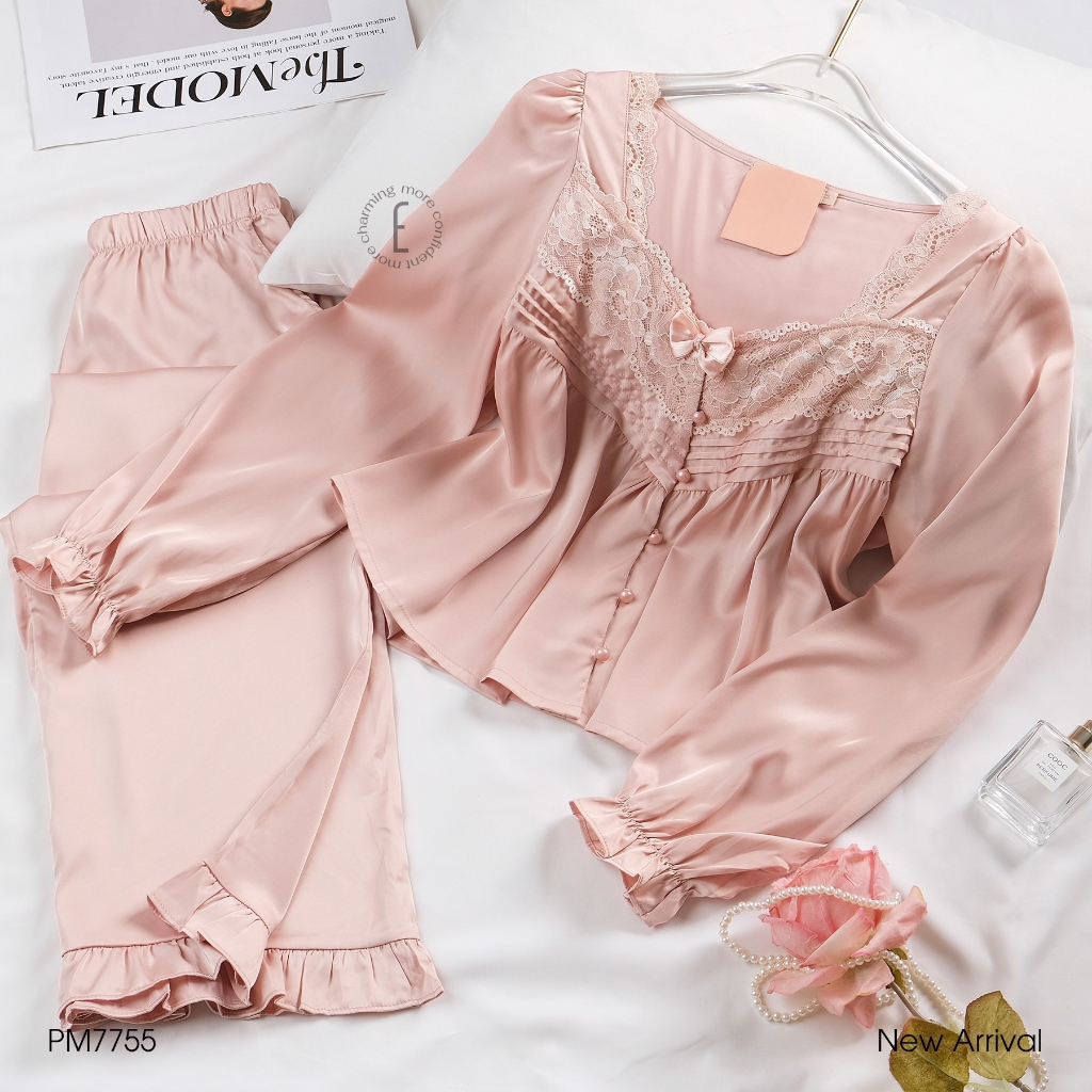 Bộ ngủ pijama mặc nhà Quảng Châu cao cấp tag lyly tay dài nơ hoa PZ04