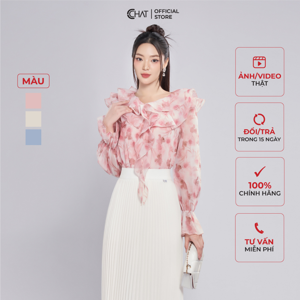 Áo Sơ Mi Nữ 𝐂𝐂𝐇𝐀𝐓 Họa Tiết Cổ Bèo Dây Dáng Suông Chất Voan Cao Cấp 13FDV5003ST