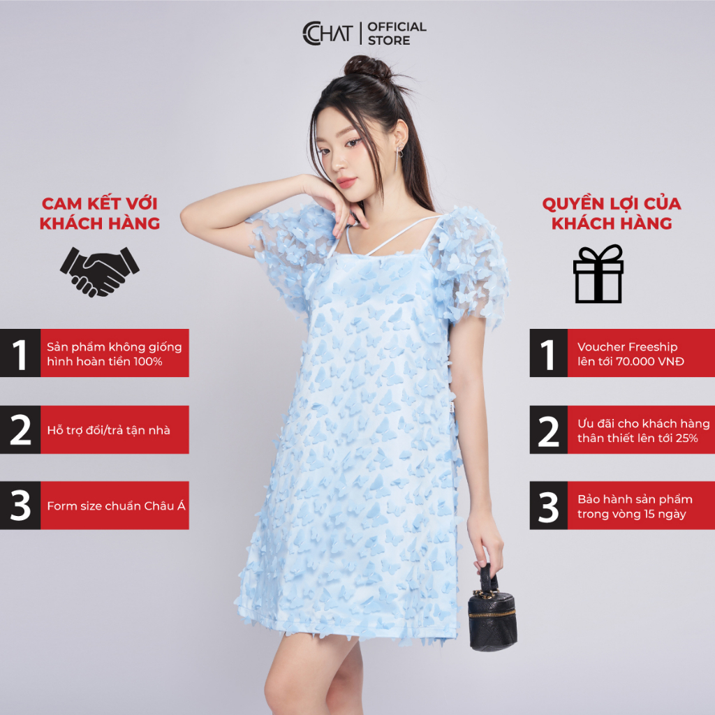 Đầm Nữ 𝐂𝐂𝐇𝐀𝐓 Dáng Suông A Butterfly Chất Lưới Organza Cao Cấp 13VNM5011AT