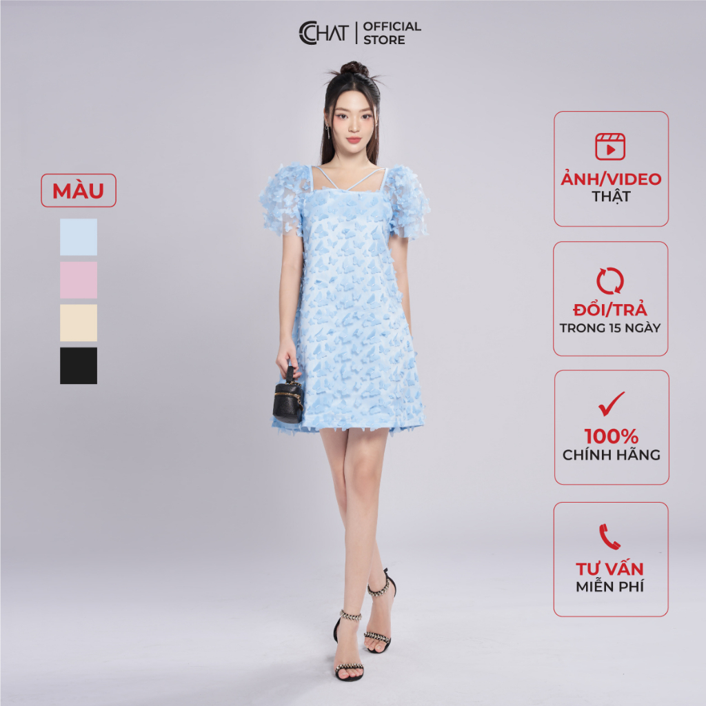 Đầm Nữ 𝐂𝐂𝐇𝐀𝐓 Dáng Suông A Butterfly Chất Lưới Organza Cao Cấp 13VNM5011AT