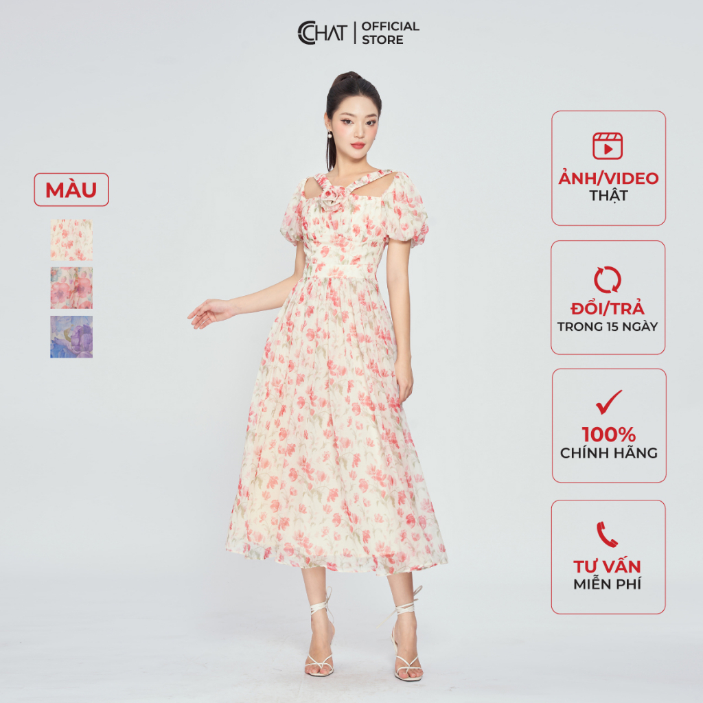 Đầm Nữ 𝐂𝐂𝐇𝐀𝐓 Dáng Xòe Cổ Vuông Nhún Chất Voan Cao Cấp Thanh Lịch 13VNV5006XT