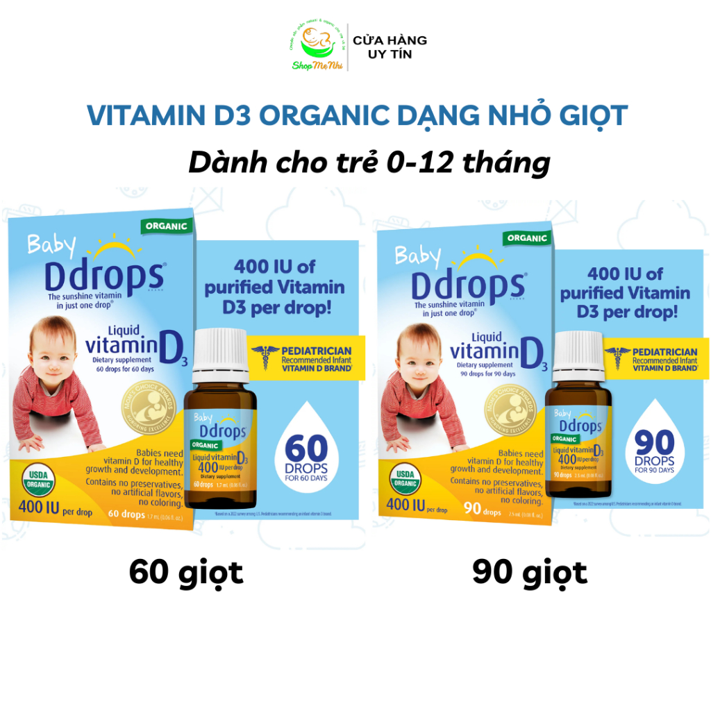 Vitamin D3 400IU hữu cơ dạng nhỏ giọt Baby Ddrops Mỹ cho trẻ sơ sinh.