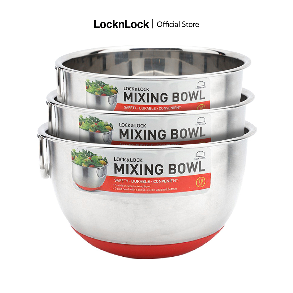 Bát trộn bằng inox LocknLock mixing bowl có tay cầm, đáy silicone trộn salad, ướp thịt, trộn bột (nhiều kích thước)