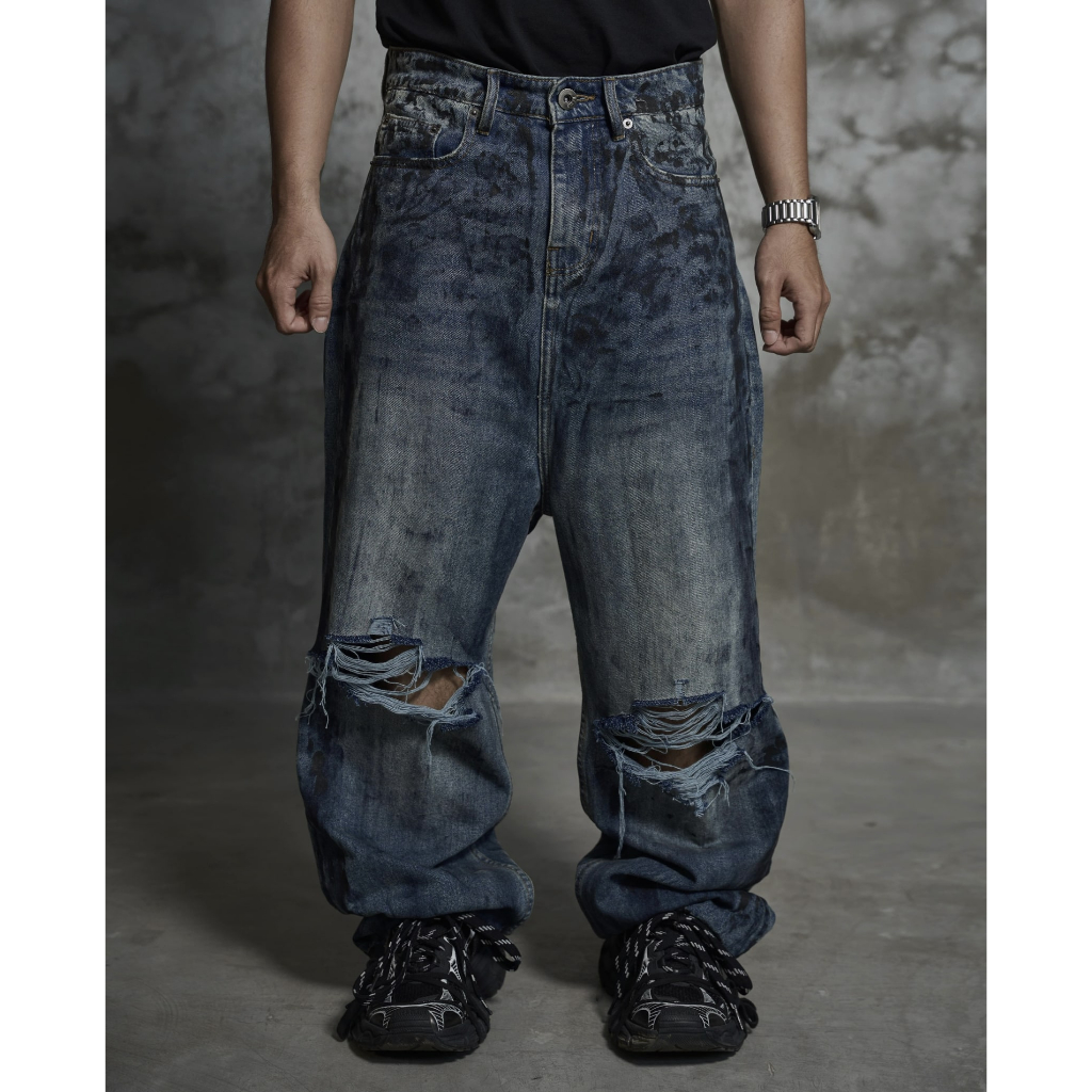 DIRTY COATING BAGGY JEANS ( CUSTOM VER )-QUẦN BAGGY JEANS WASH ĐEN DƠ CUSTOM RÁCH ( XANH )